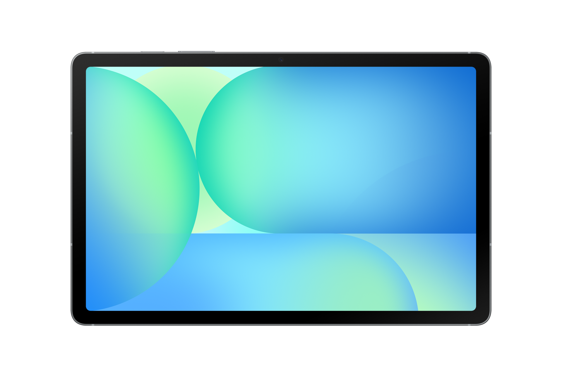 Tablet z abstrakcyjnym tłem niebieskich i zielonych kół.