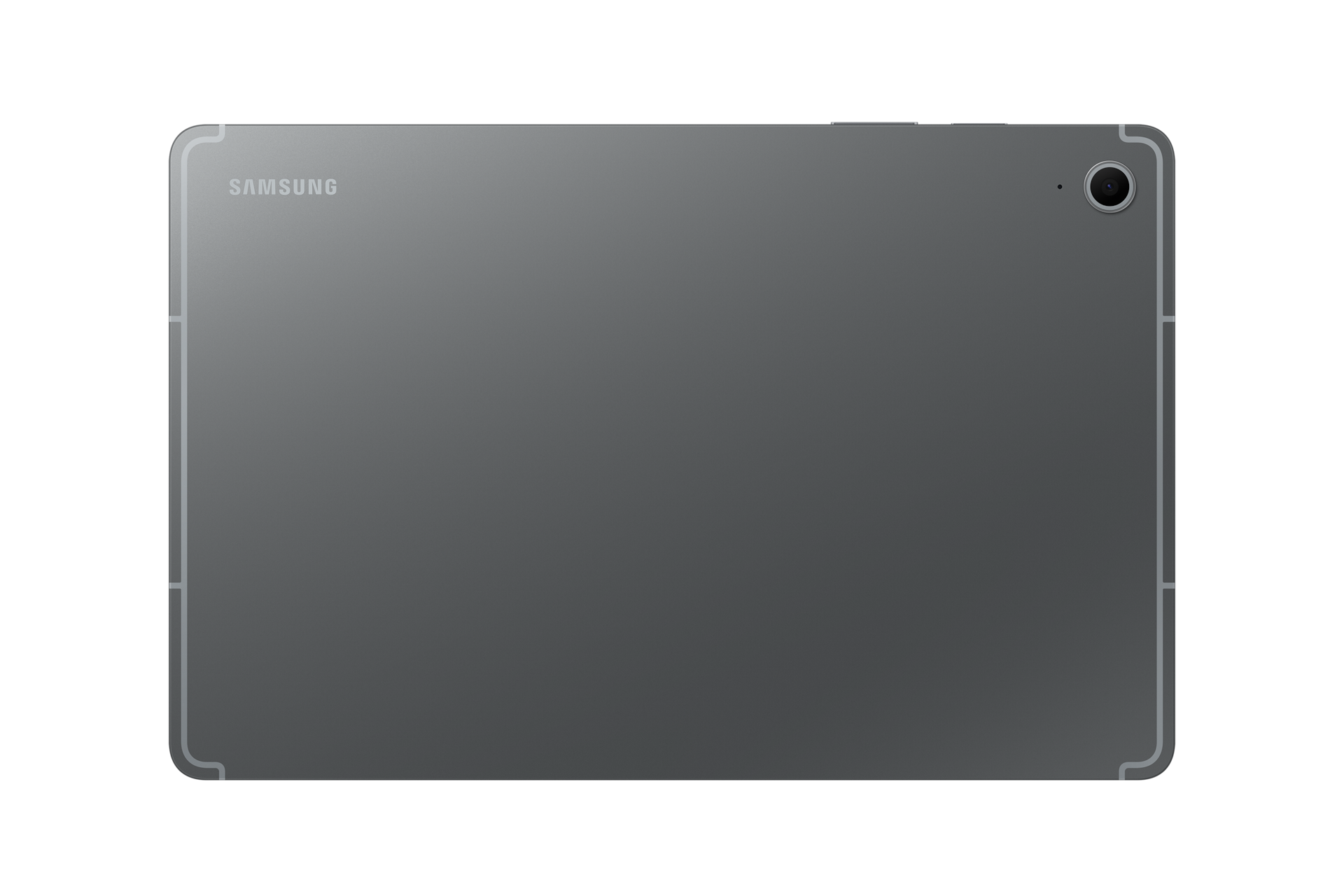 Tył szarego tabletu Samsung z aparatem i logo.