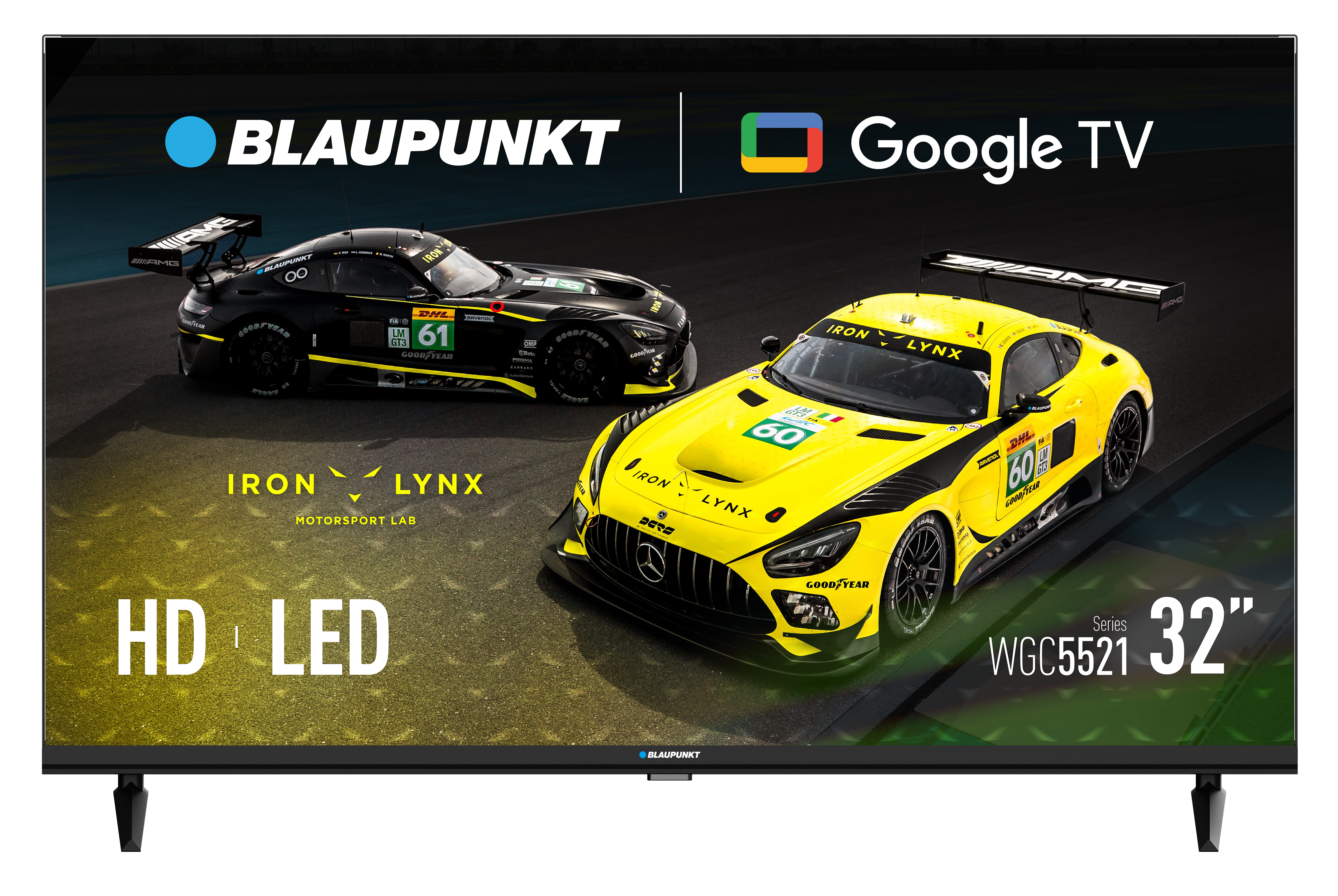 Telewizor Blaupunkt 32" HD LED Google TV z dwoma samochodami wyścigowymi, żółtym i czarnym.