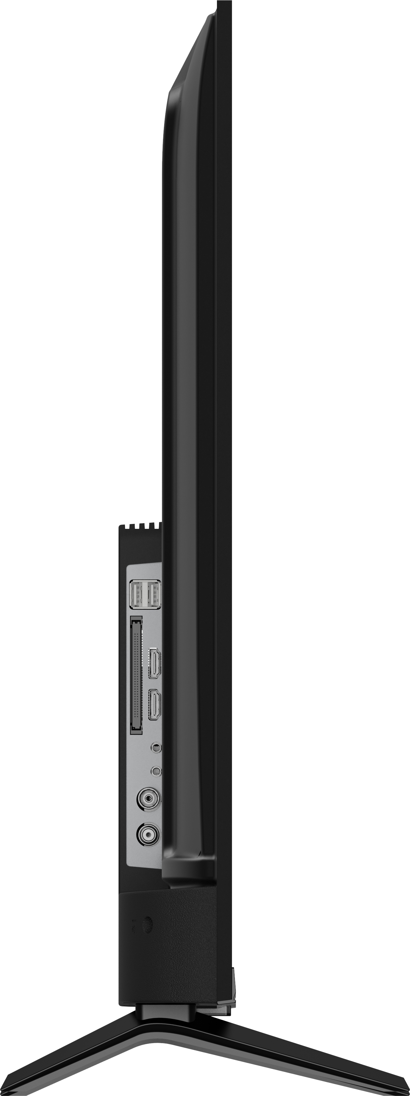 Widok z boku czarnego telewizora pokazujący porty: USB, HDMI, antena i inne.