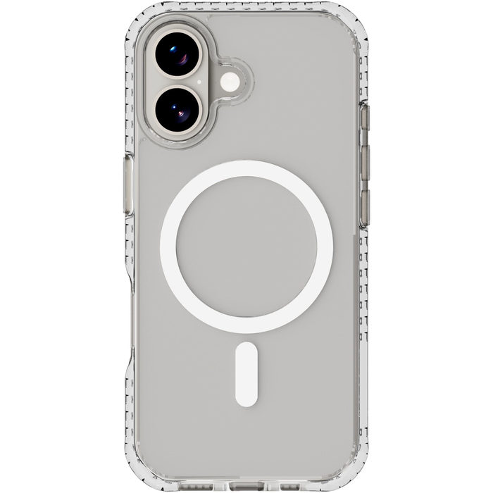 Coque de téléphone transparente avec cercle MagSafe blanc et trait sur fond gris.