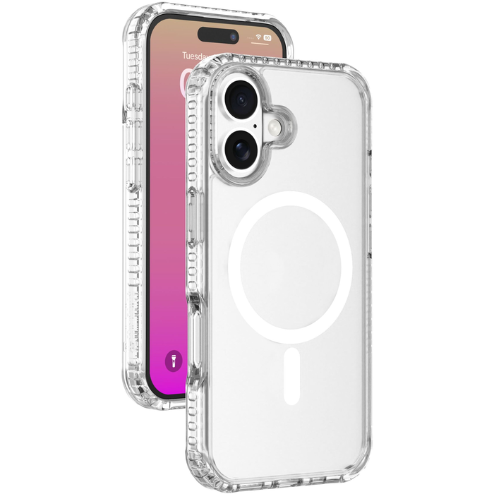 Une coque de téléphone transparente avec un anneau magnétique au dos, sur un iPhone.