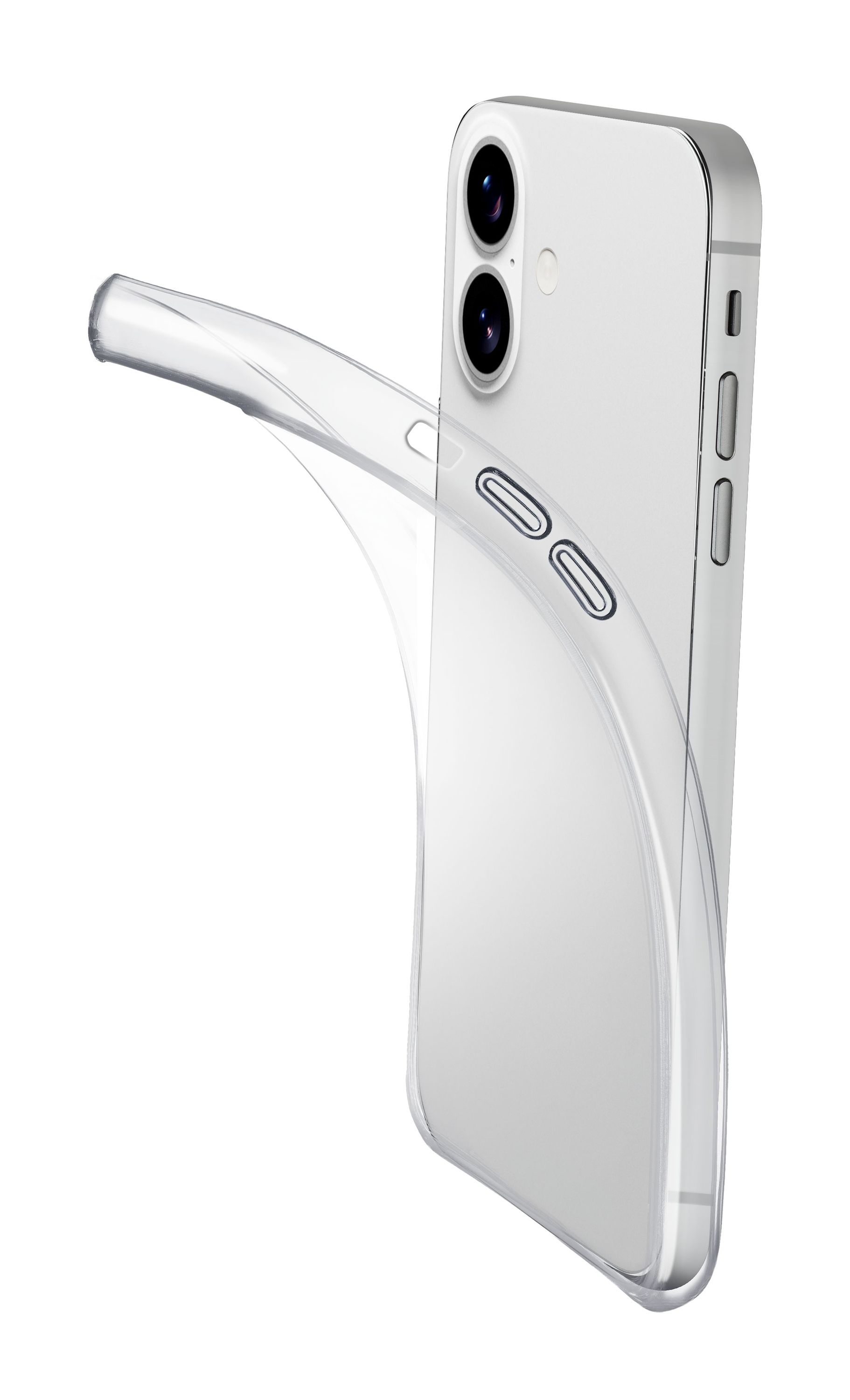 Une coque de téléphone transparente entoure un smartphone blanc avec deux objectifs.