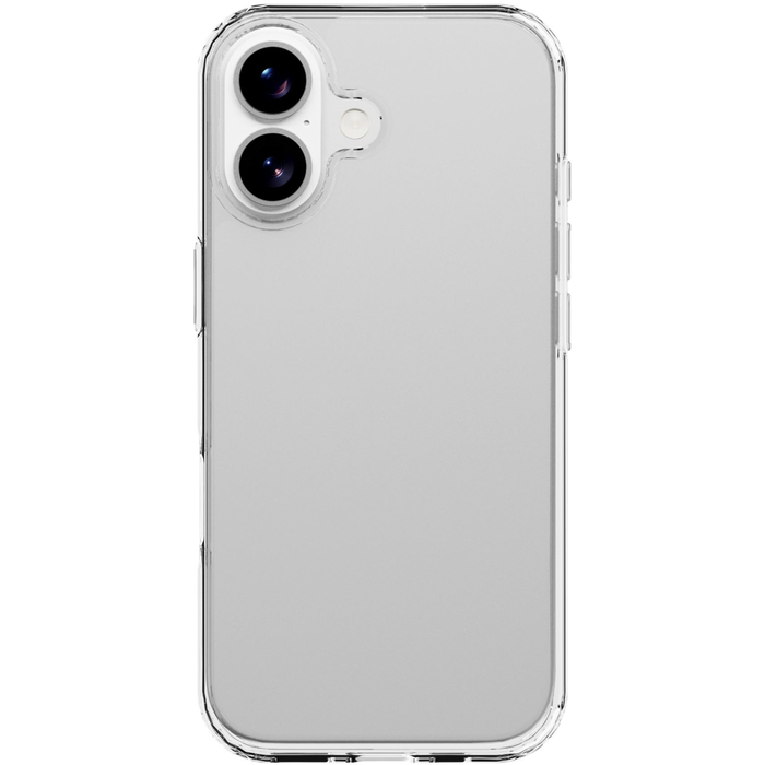 Coque de téléphone transparente avec deux objectifs de caméra en haut à gauche à l'arrière.