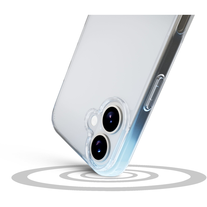 Une coque de téléphone transparente avec deux objectifs de caméra et un motif de cercle gris.