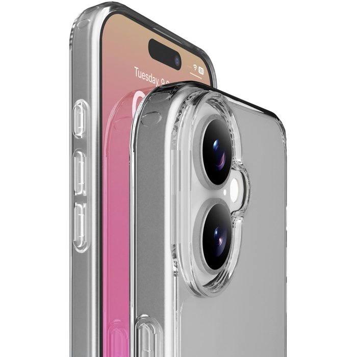 Une coque de téléphone transparente avec un smartphone derrière.