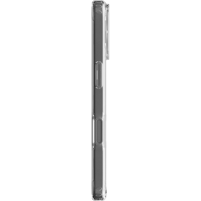Une coque de téléphone transparente de profil, avec un bouton latéral.