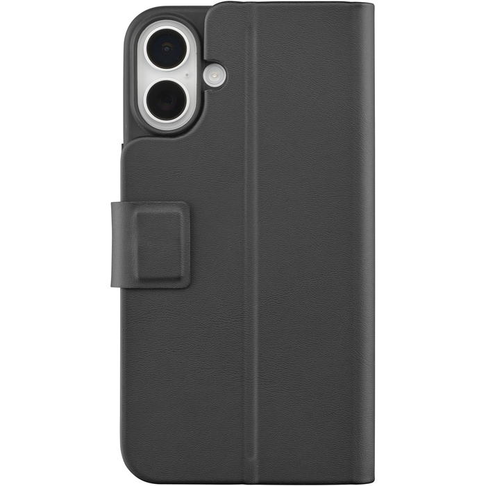 Étui à rabat noir pour smartphone avec découpe caméra et fermoir.