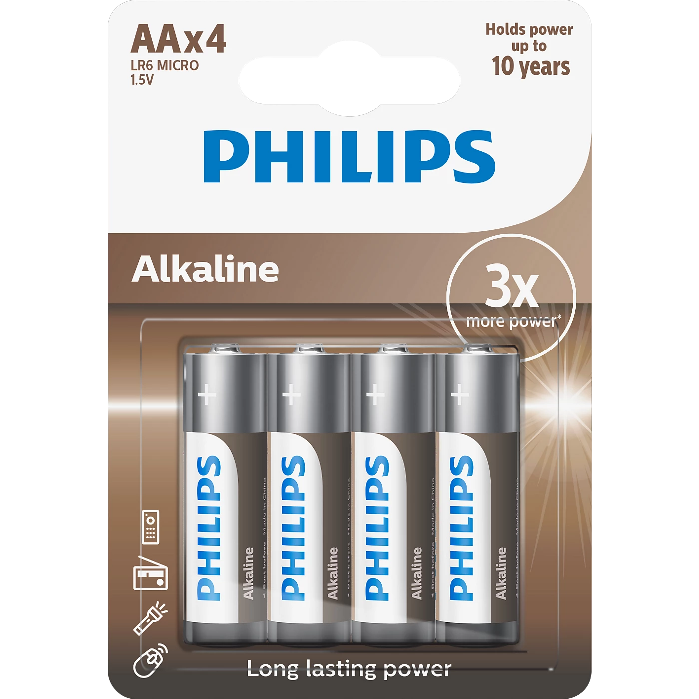 Philips AAx4 alkalin piller, 1,5V, uzun ömürlü güç, 3x daha fazla güç.