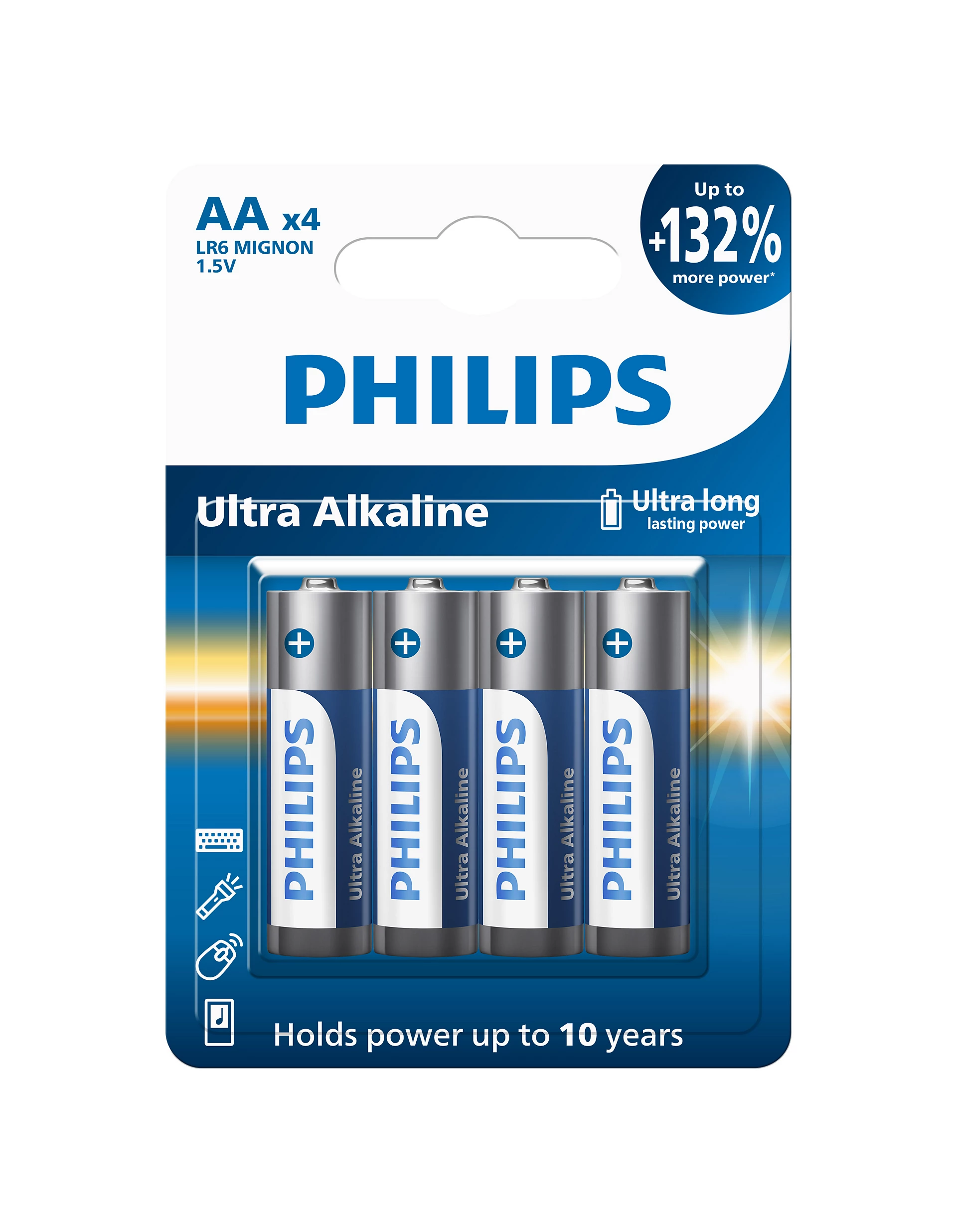Dört adet Philips AA Ultra Alkaline pil paketi, 1,5V.