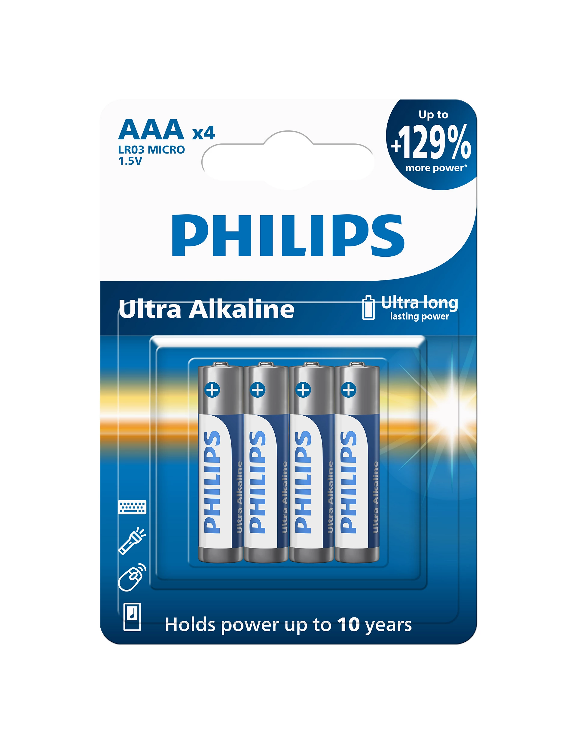 Dört adet Philips AAA Ultra Alkaline pil paketi, 1,5V.