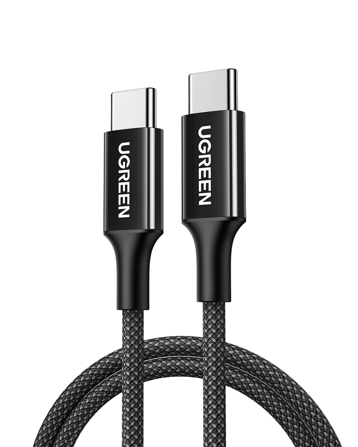 Gümüş konektörlü iki siyah USB-C kablosu, siyah arka plan üzerinde.