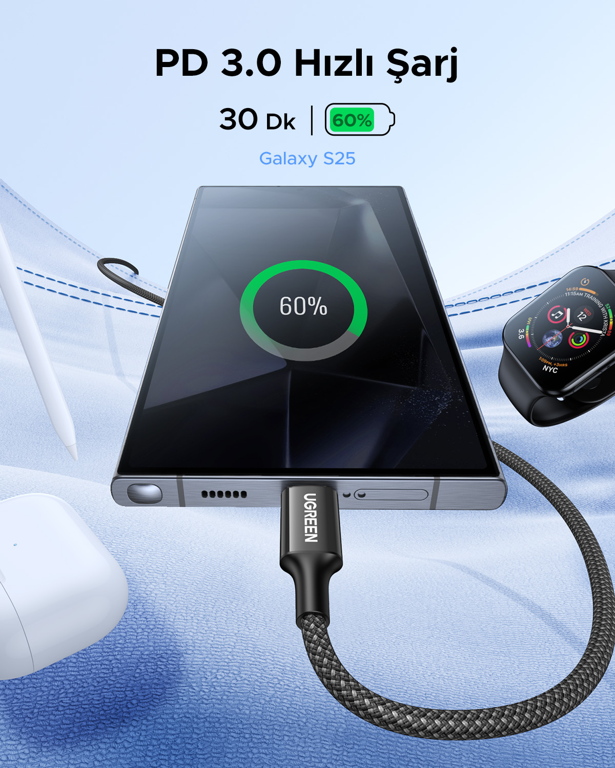 UGREEN kablosuyla şarj olan akıllı telefon, %60 gösteriyor.
