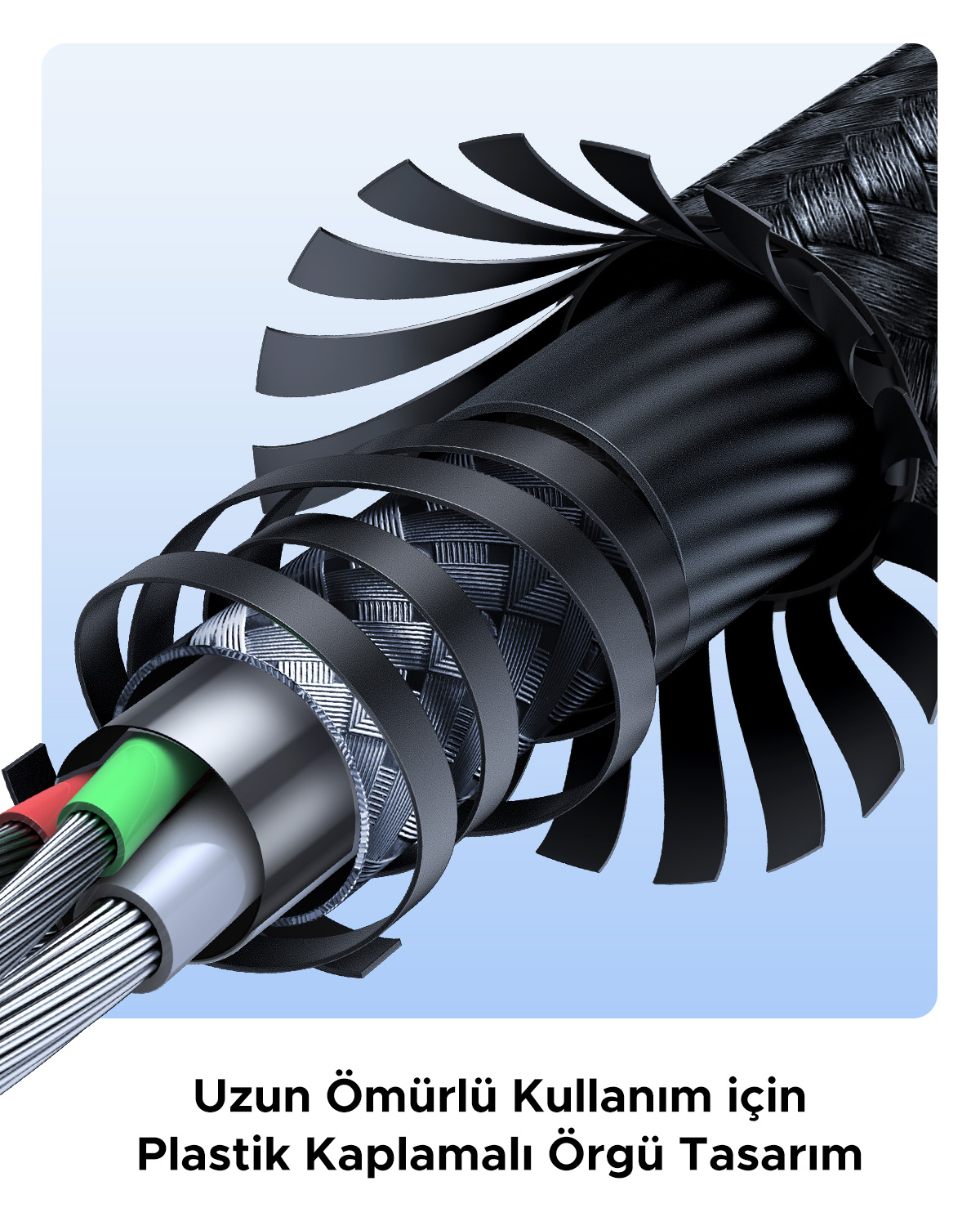 Siyah, gümüş ve yeşil/kırmızı telleri gösteren çok katmanlı kablonun yakın çekimi.