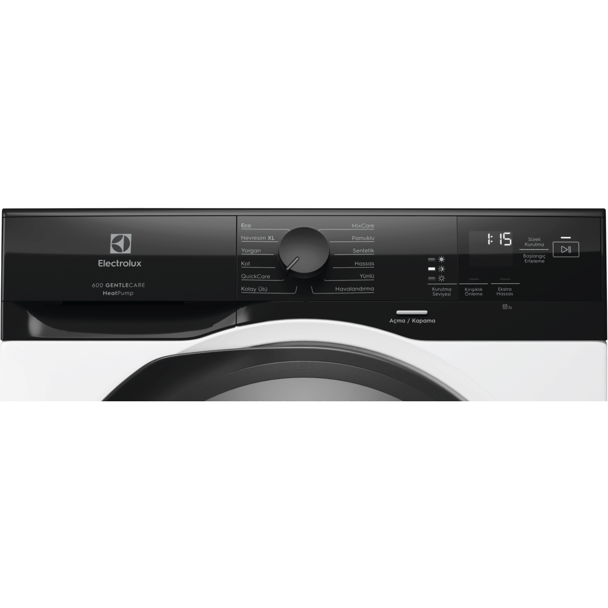 Program seçimi ve dijital göstergeli Electrolux kurutma makinesi kontrol paneli.