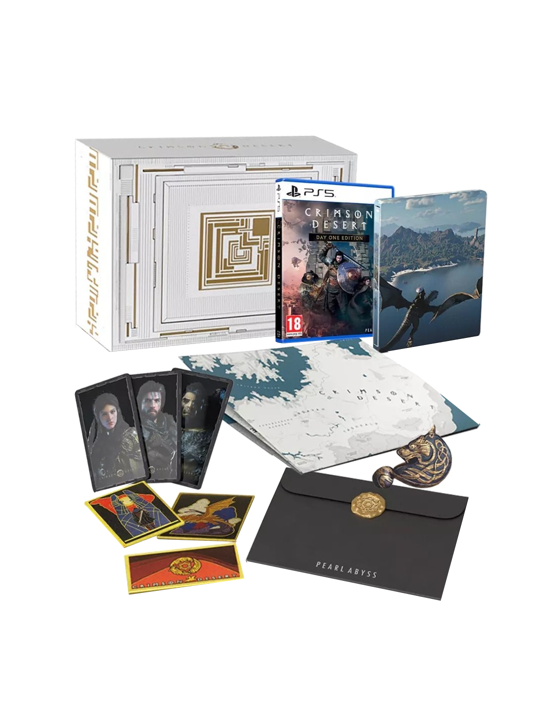 Caja Crimson Desert PS5 Edición Día Uno con juego, mapa, tarjetas de arte y sobre.