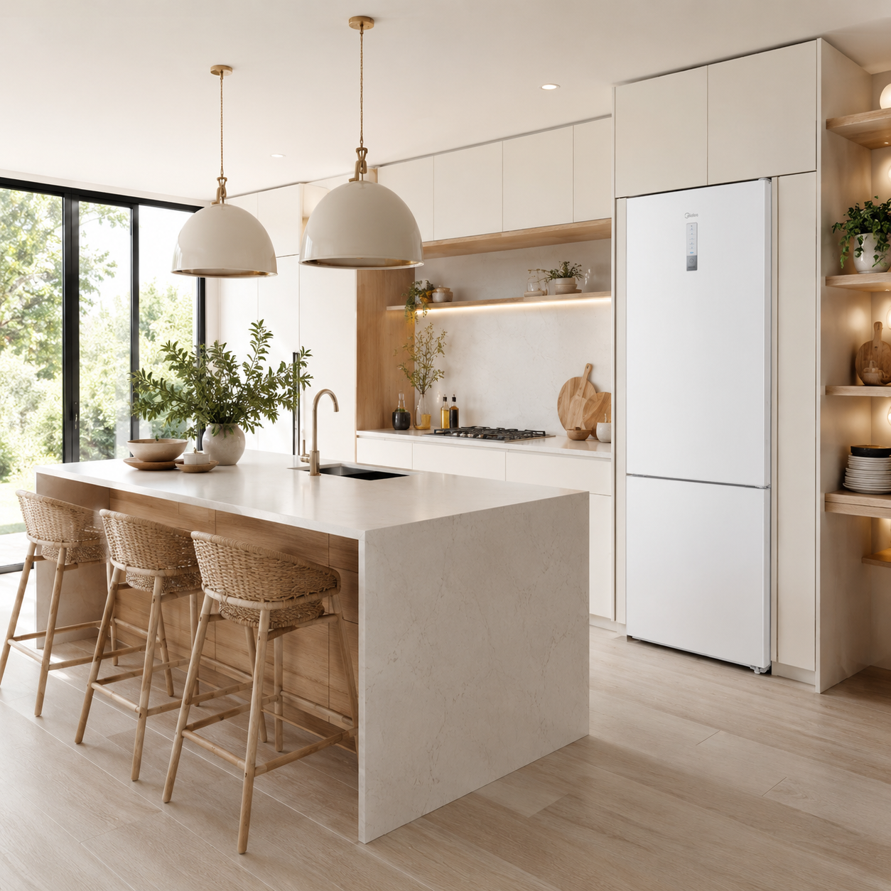 Cocina moderna con isla, taburetes, frigorífico blanco y lámparas colgantes.