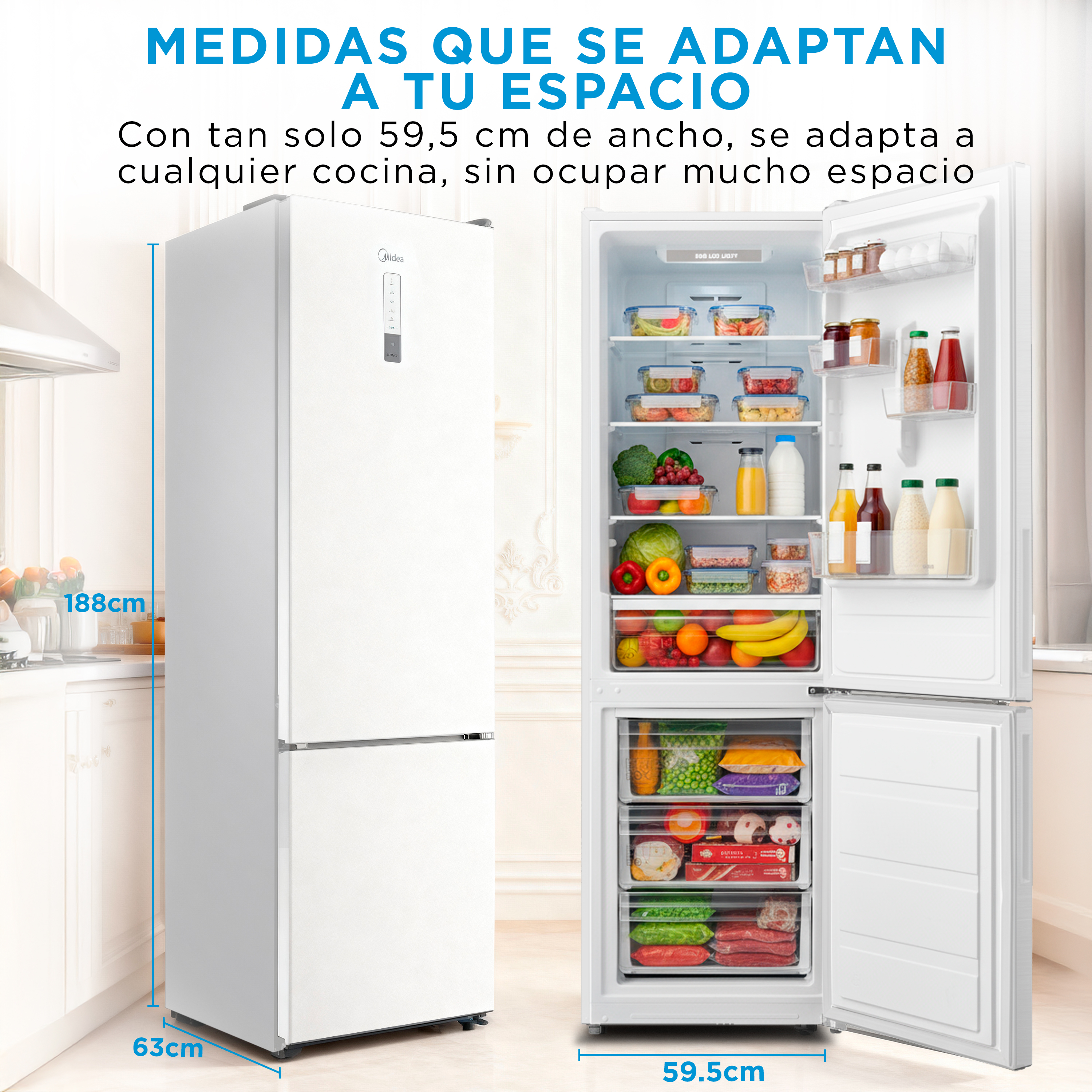 Un refrigerador blanco con puerta abierta, lleno de comida. Dimensiones 188x63x59.5cm.