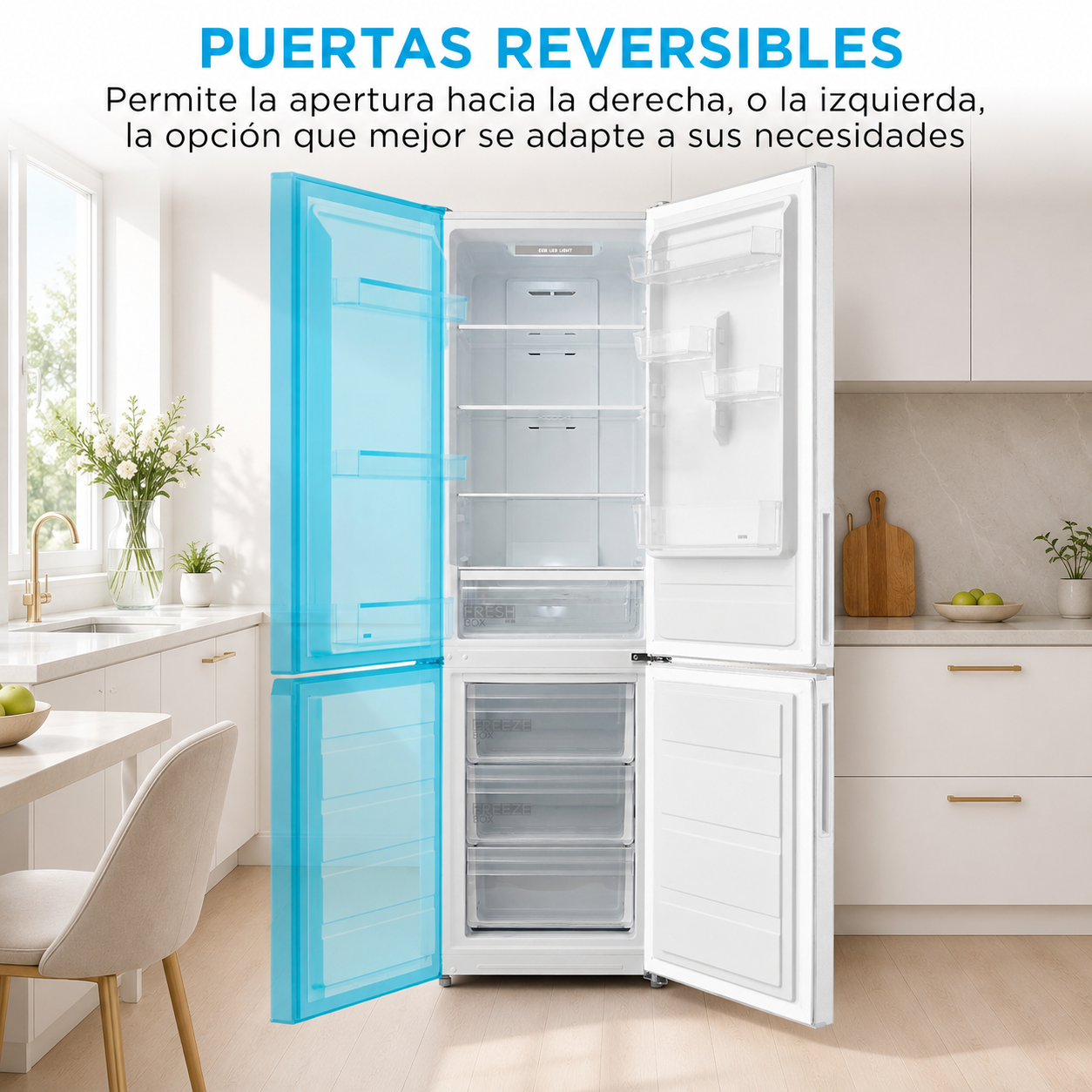 Un refrigerador blanco con puertas abiertas en una cocina moderna.