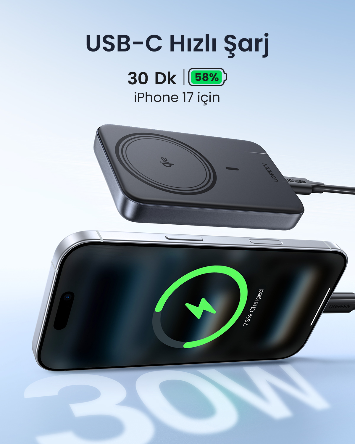 Siyah bir USB-C şarj cihazı, %75 şarj gösteren bir iPhone'u şarj ediyor.
