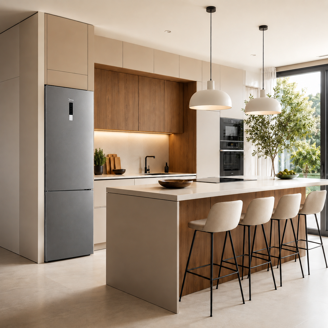 Cocina moderna con refrigerador, isla, taburetes y detalles de madera.