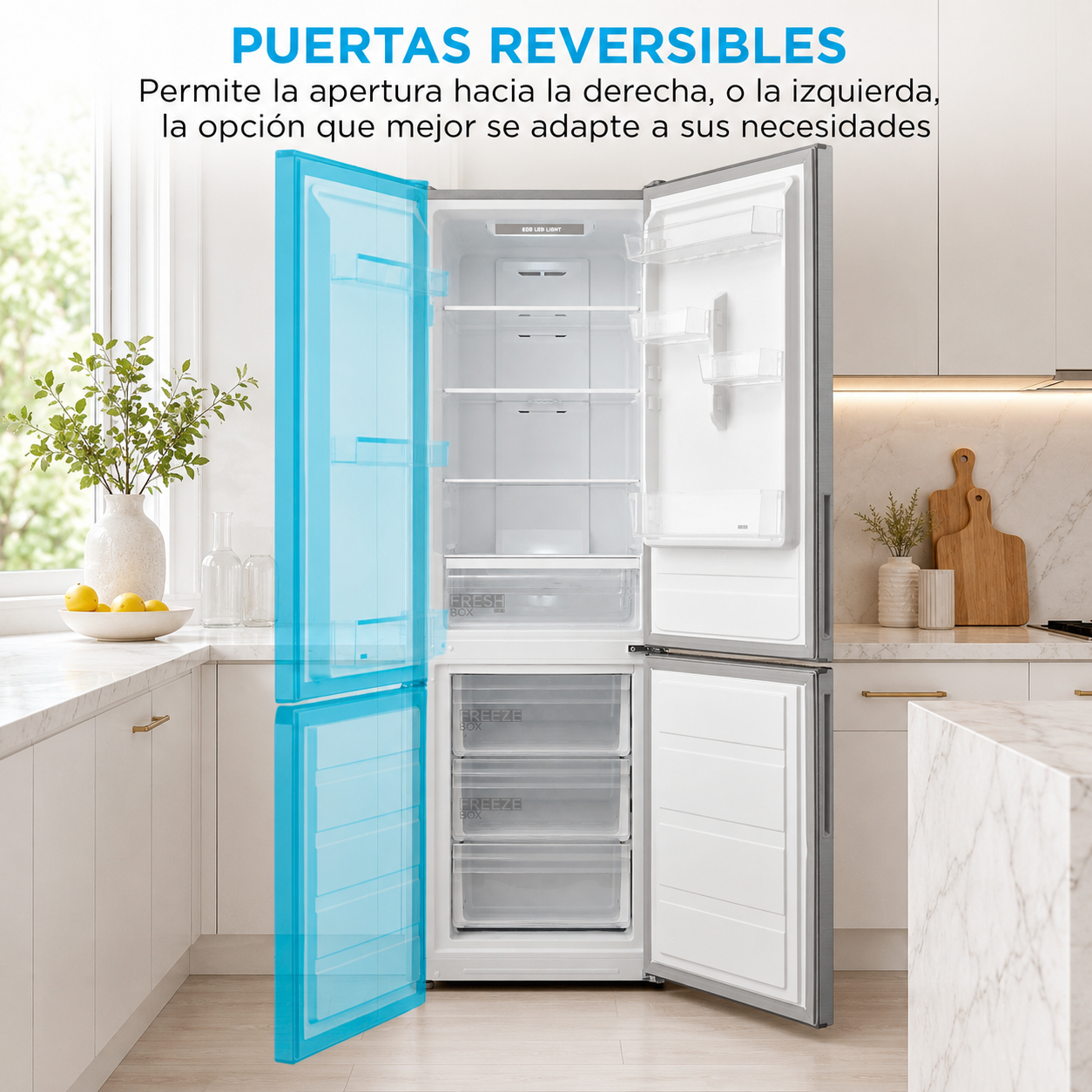 Un refrigerador abierto con puerta azul, en una cocina.