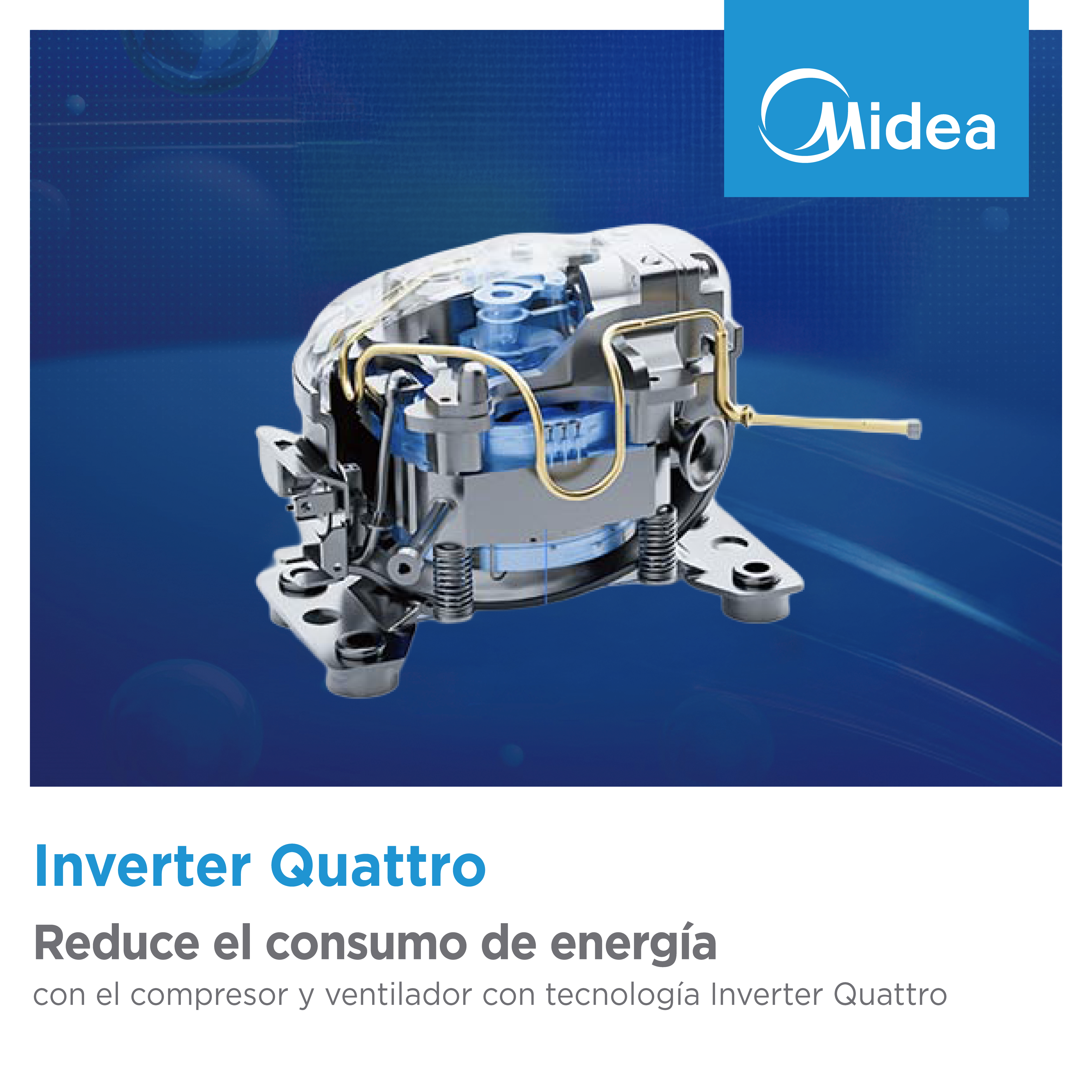 Un compresor con partes azules y plateadas, logo de Midea arriba.