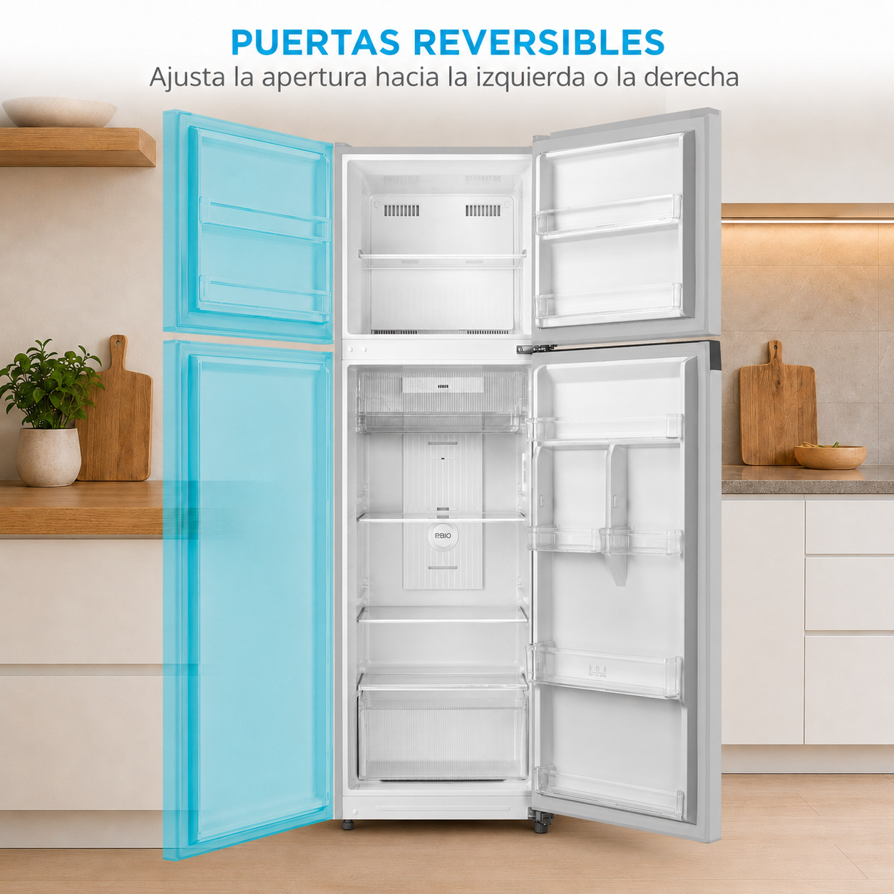 Refrigerador abierto con puerta izquierda resaltada en azul, puertas reversibles.