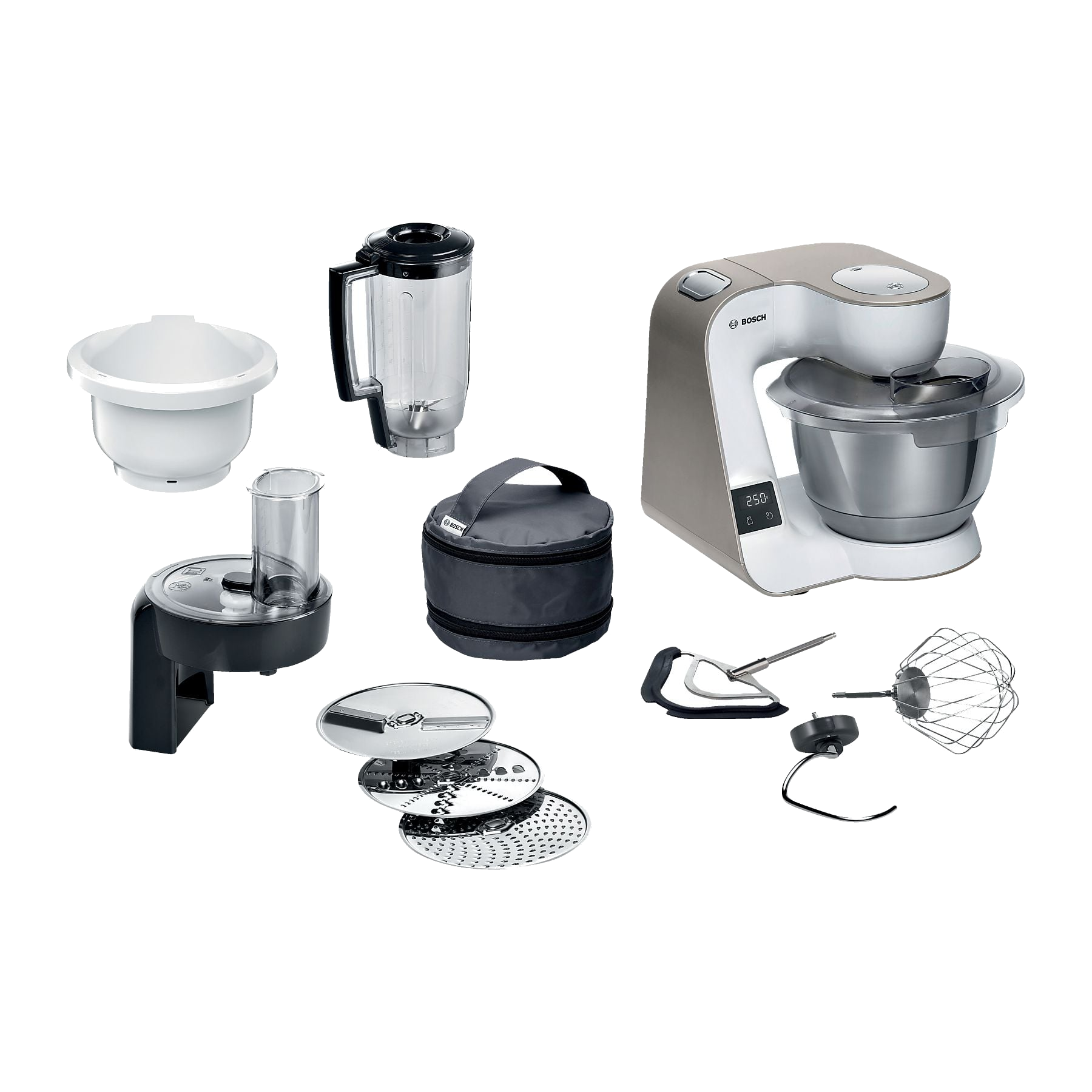 Robot kuchenny Bosch z akcesoriami: blender, misa, tarcze do tarcia, hak do ciasta i trzepaczka.