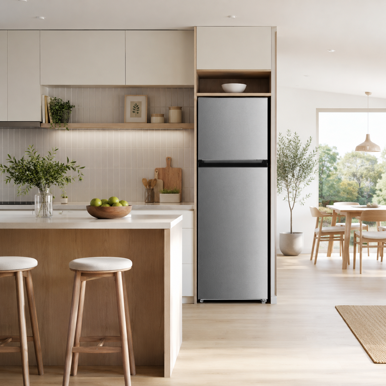 Cocina moderna con refrigerador, isla con taburetes y comedor al fondo.