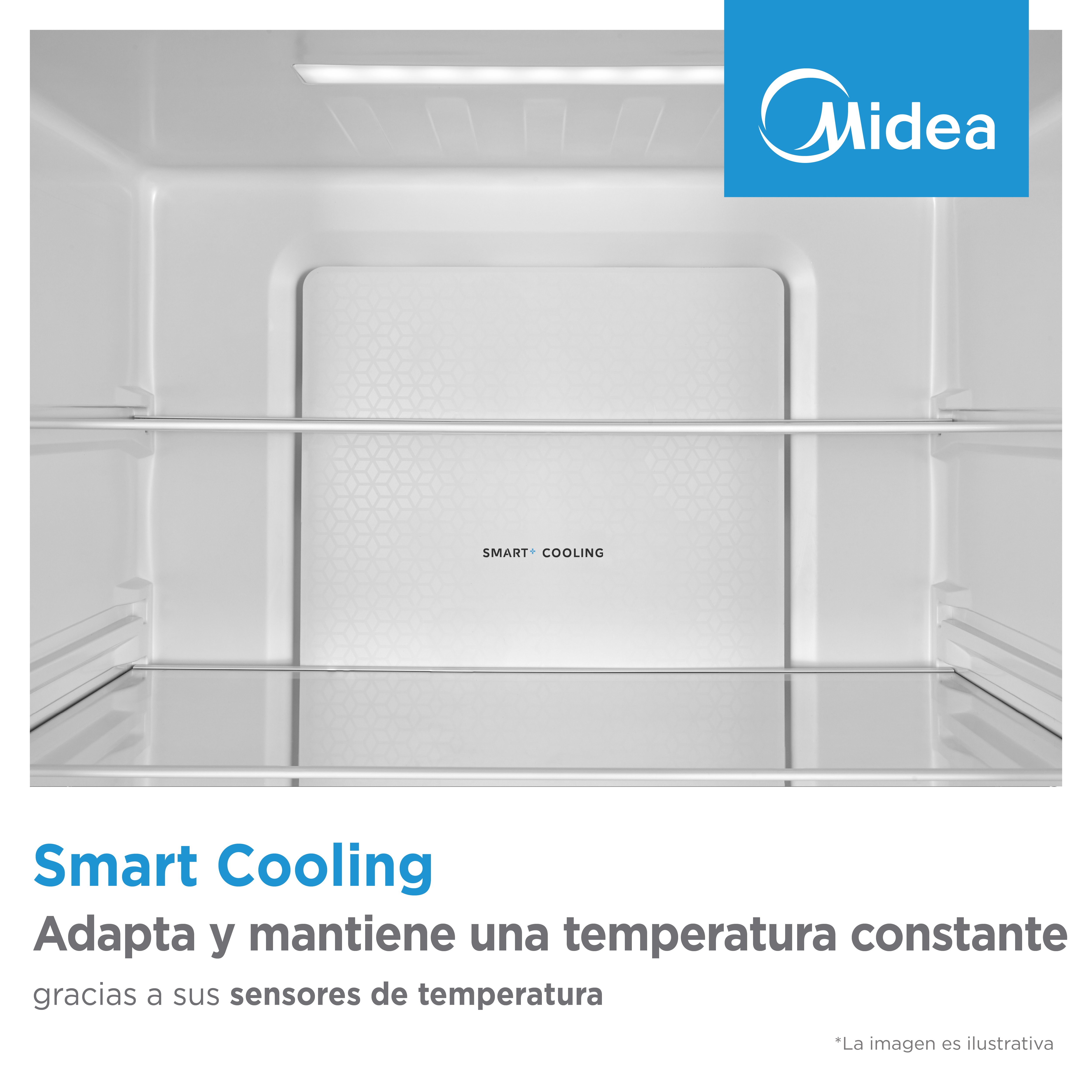 Interior de un refrigerador vacío con estantes y logo Midea.
