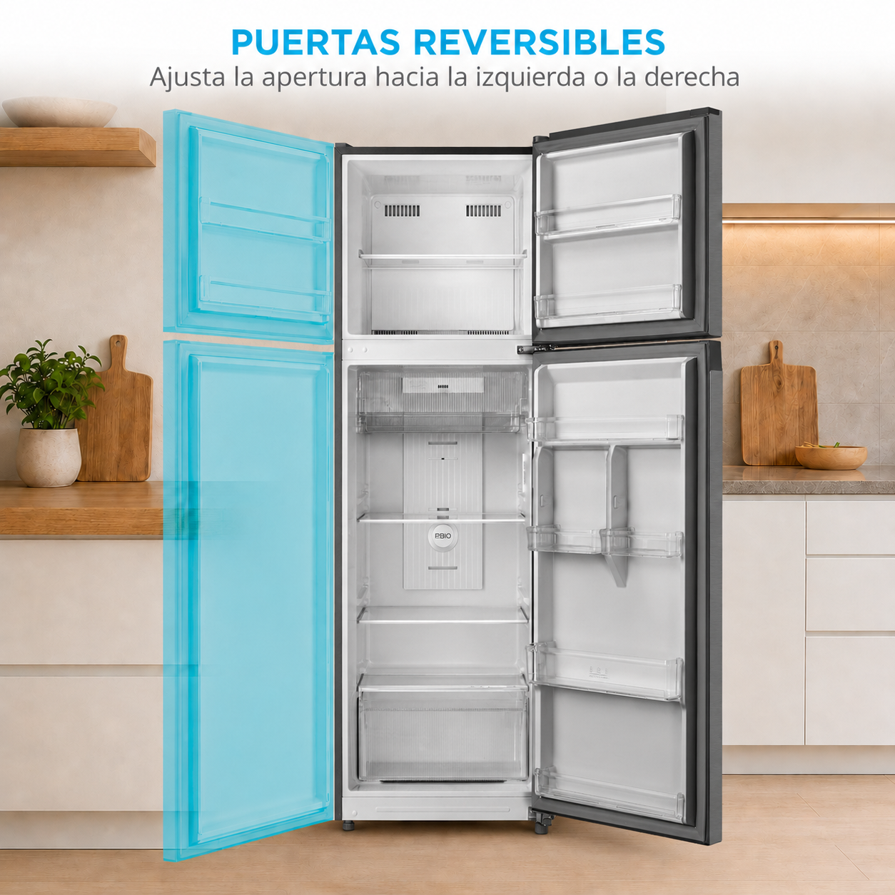 Un refrigerador abierto con puertas resaltadas en azul, mostrando la funcionalidad de puerta reversible.