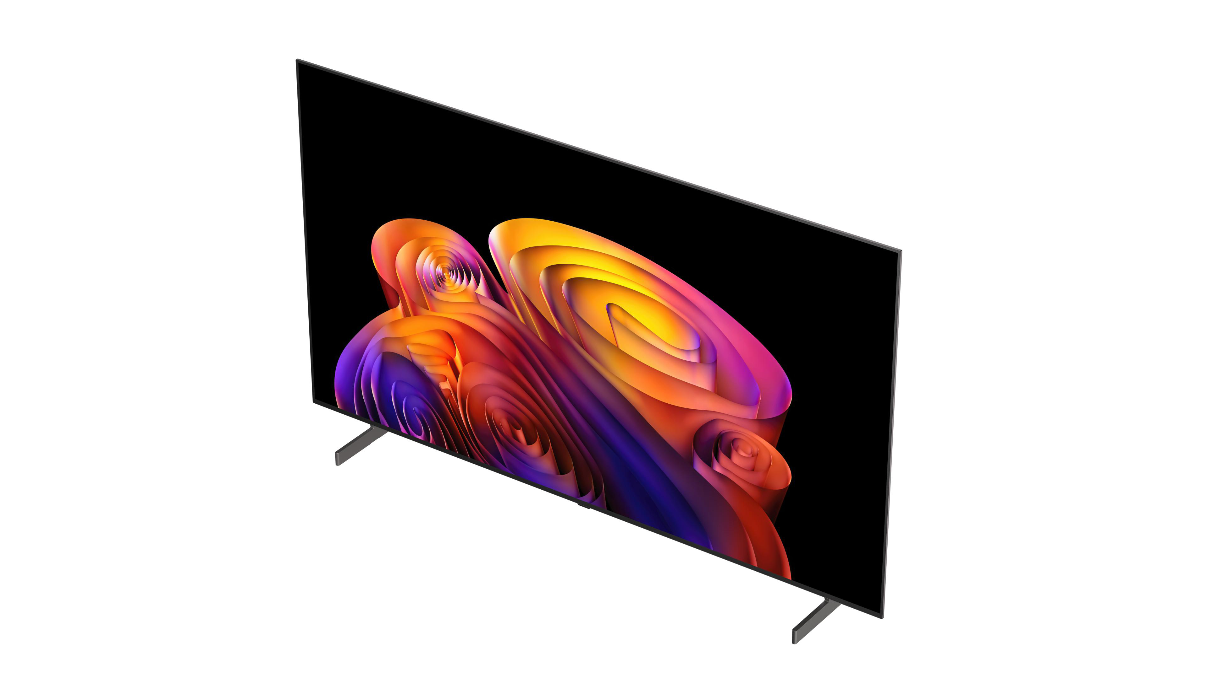 Ein moderner Fernseher mit einem abstrakten, bunten Bildschirmschoner.