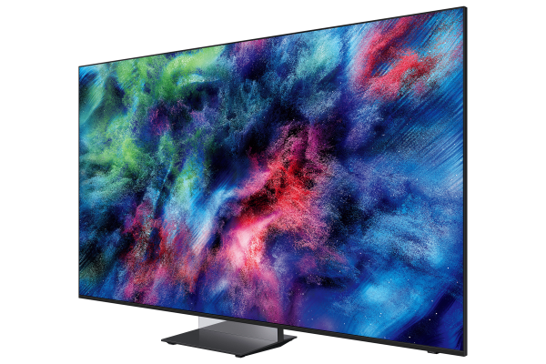 Mavi, yeşil ve kırmızı tonlarında kozmik bir arka planı gösteren modern bir TV.