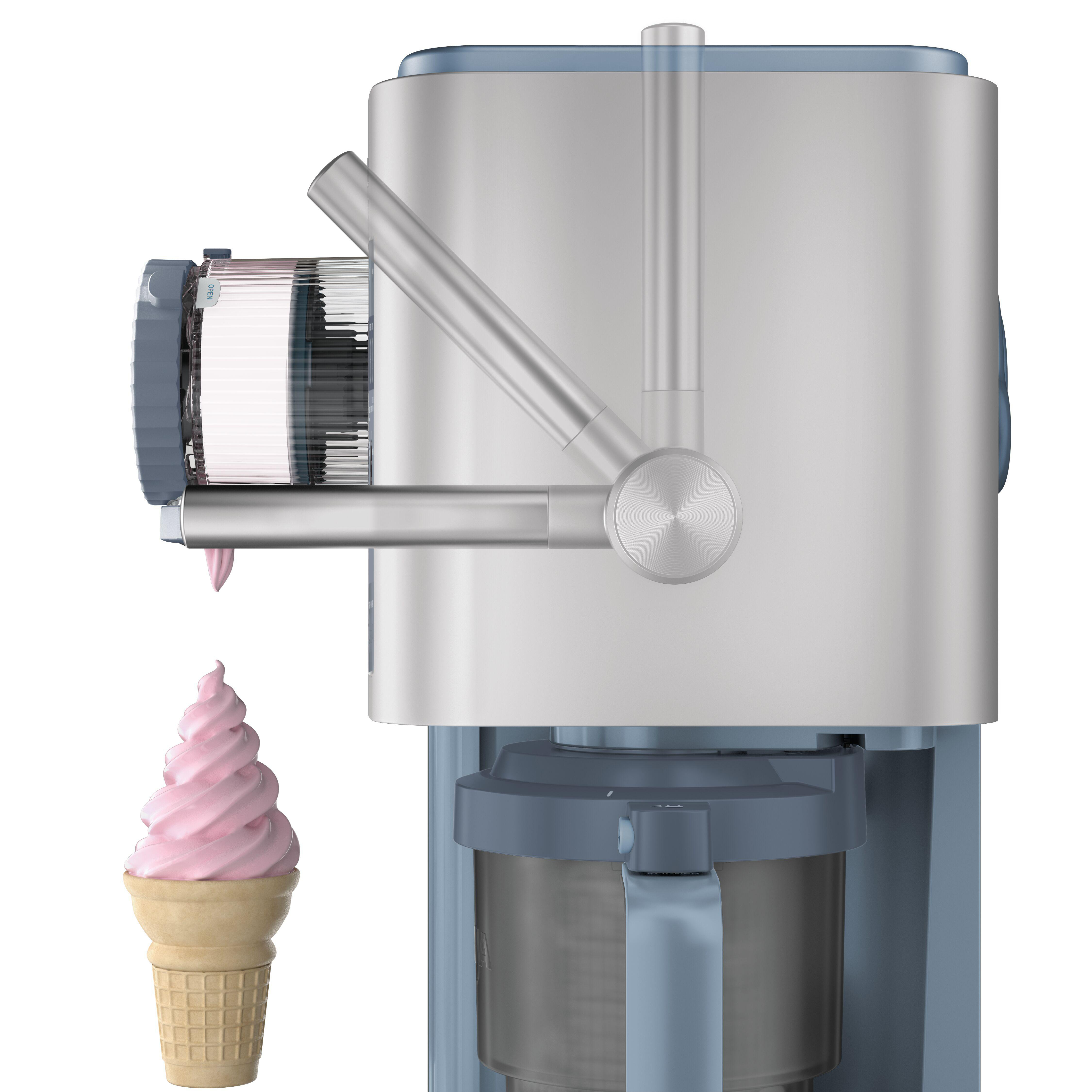Eine Eismaschine gibt rosa Softeis in eine Waffel.
