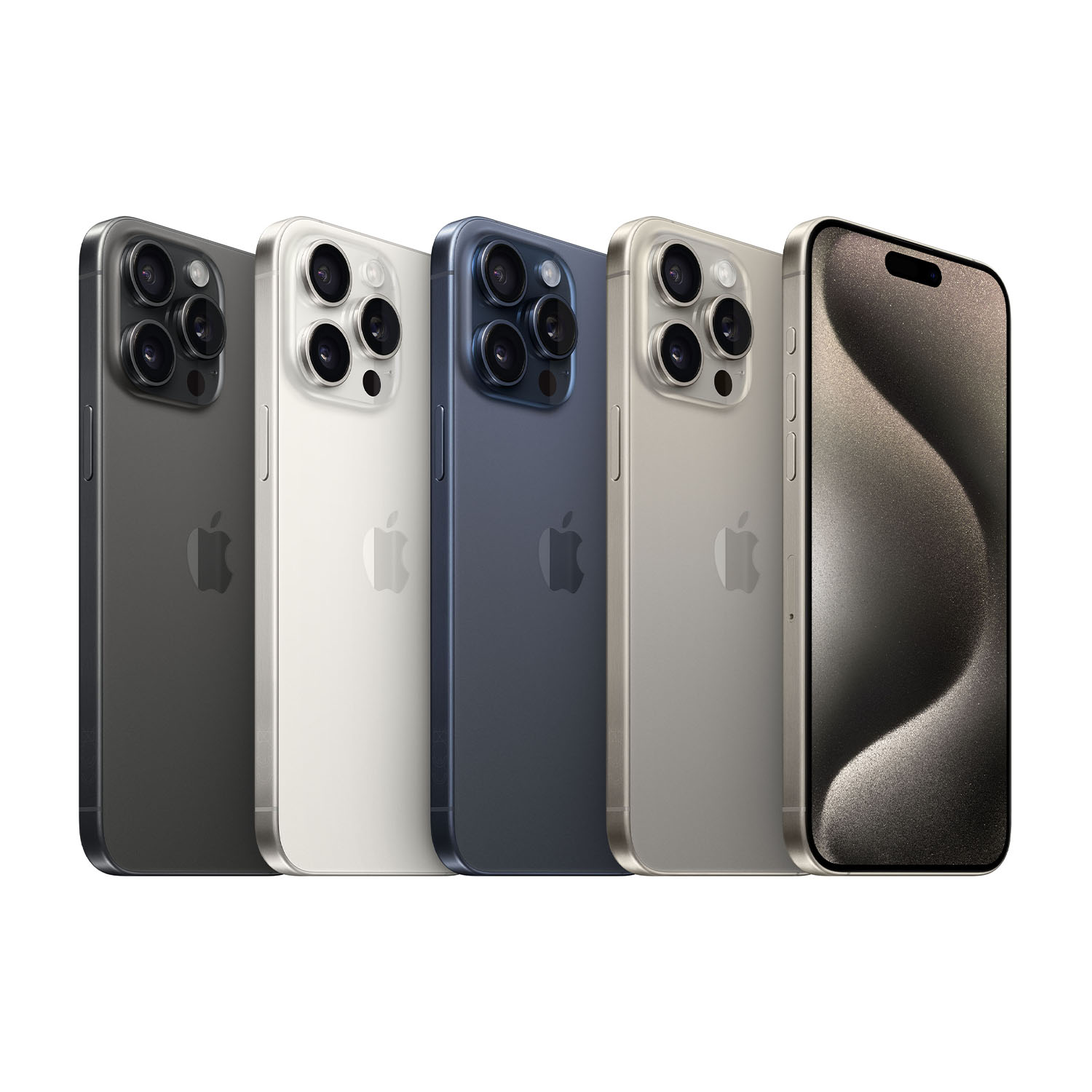 Cinque iPhone di vari colori: grigio, bianco, blu, oro e nero, tutti in fila.