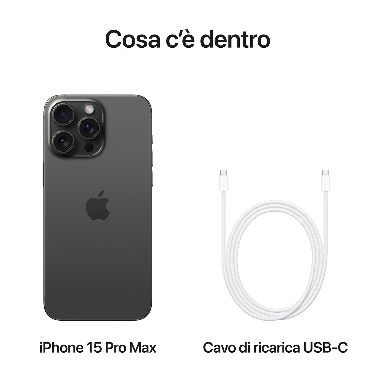 iPhone 15 Pro Max grigio scuro e cavo di ricarica USB-C bianco.