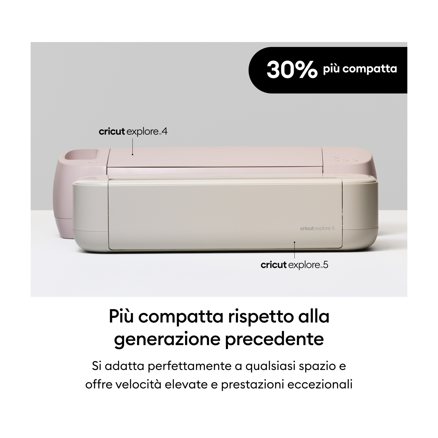 Due macchine Cricut Explore, una rosa chiaro, una beige. La beige è più piccola.