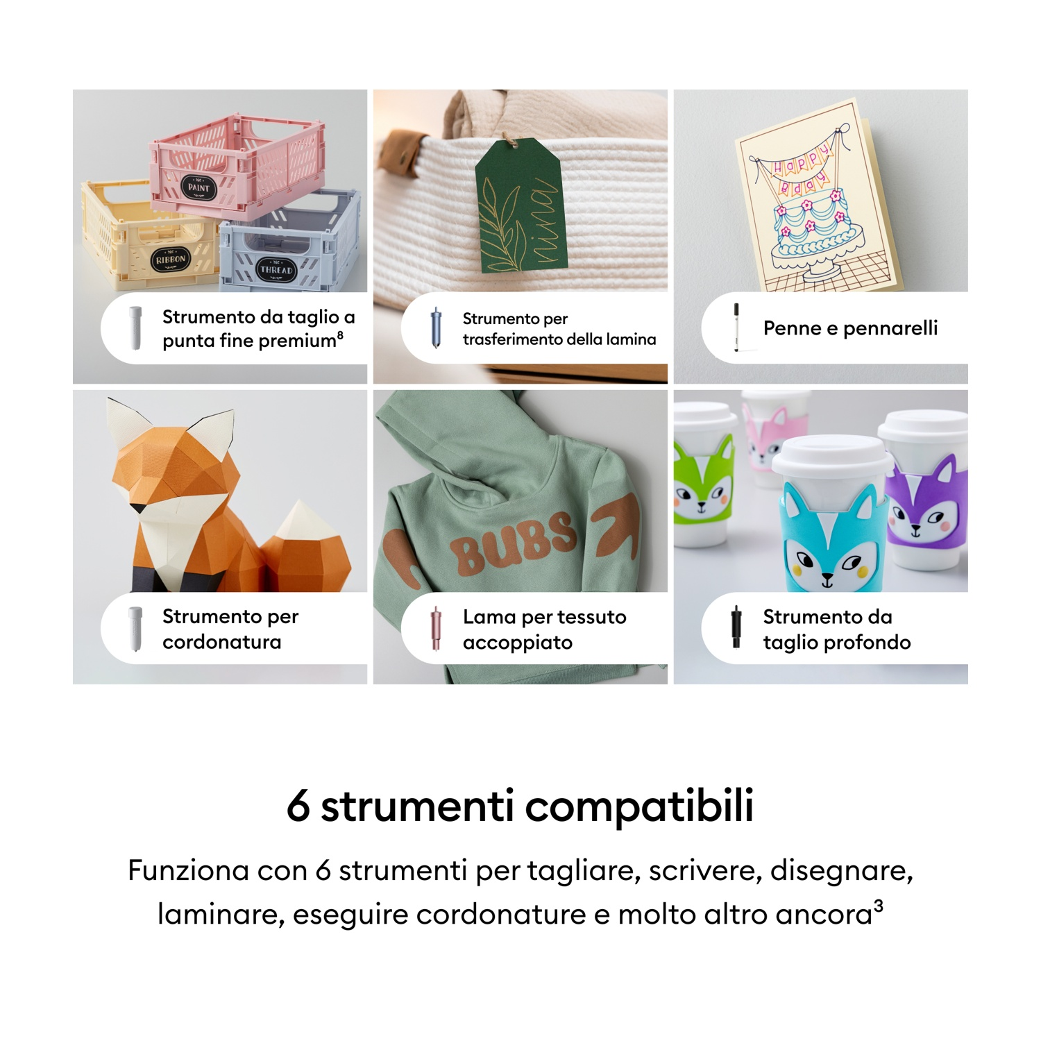 Collage di 6 attrezzi: cesti, etichetta, biglietto, volpe, felpa, tazze. Testo: 6 attrezzi.