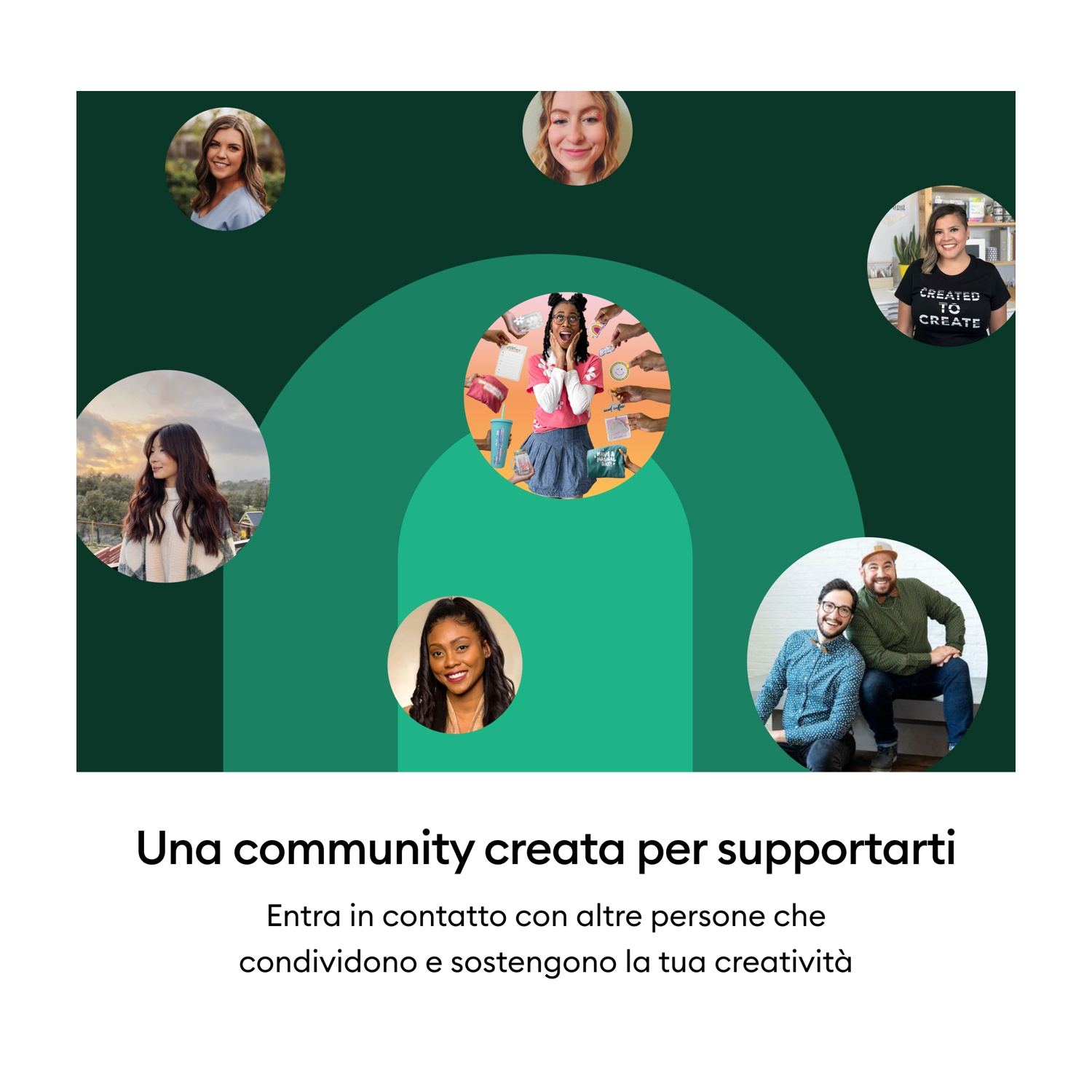 Persone in cerchi su sfondo verde, che rappresentano una comunità.