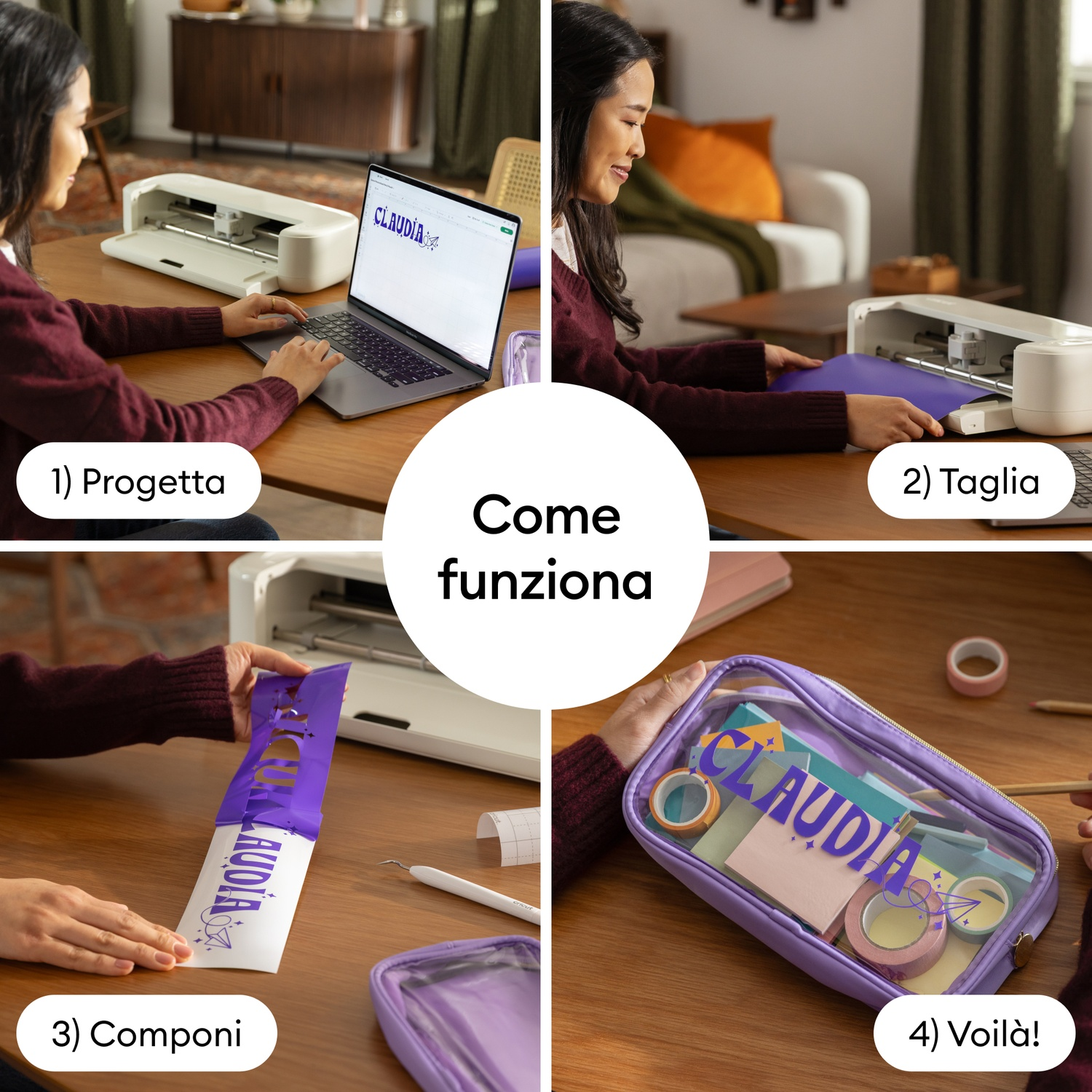 Quattro passaggi per creare decalcomanie: Progetta, Taglia, Componi, Fatto.