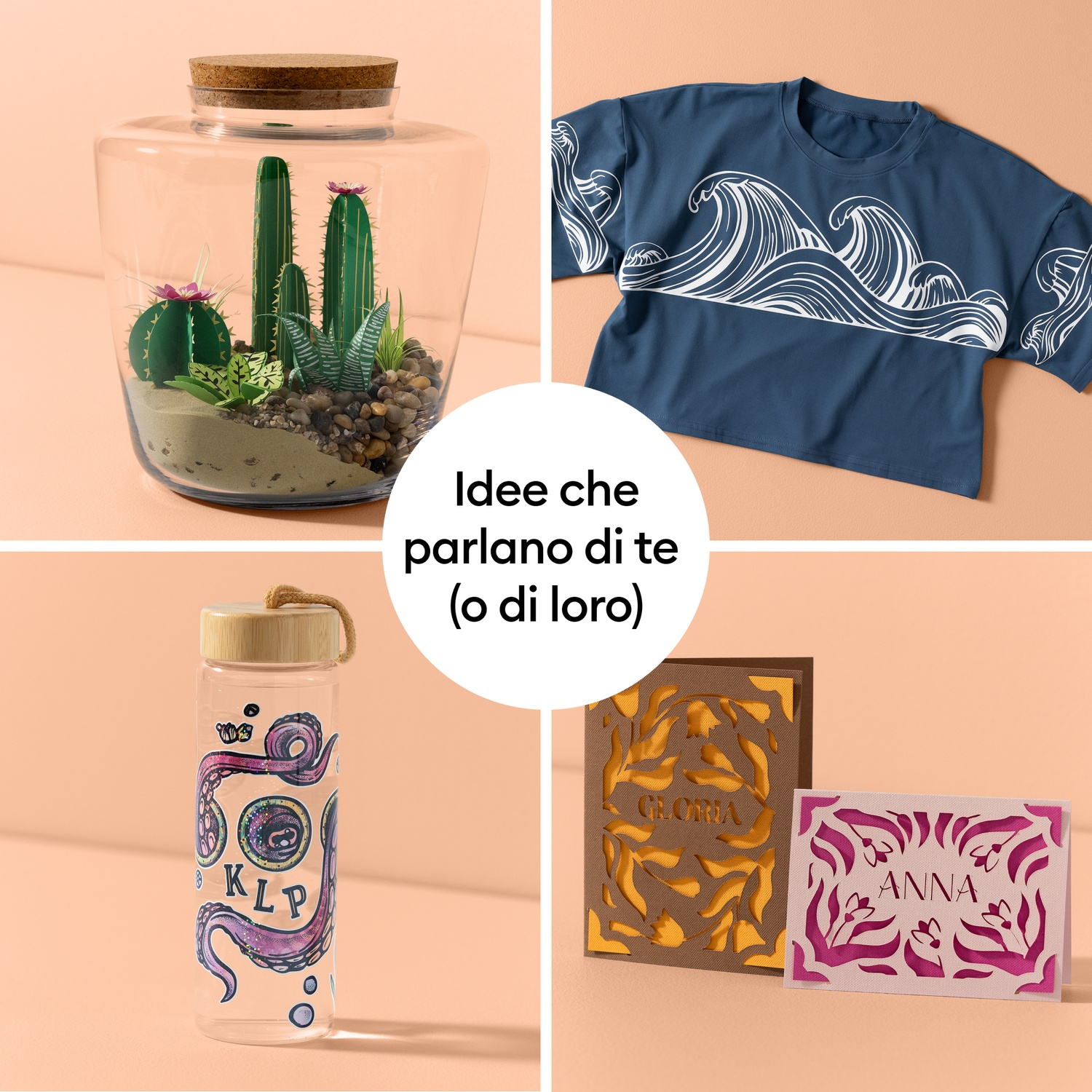 Collage di idee fai da te: terrario cactus, t-shirt onde, borraccia polpo, biglietti nome.