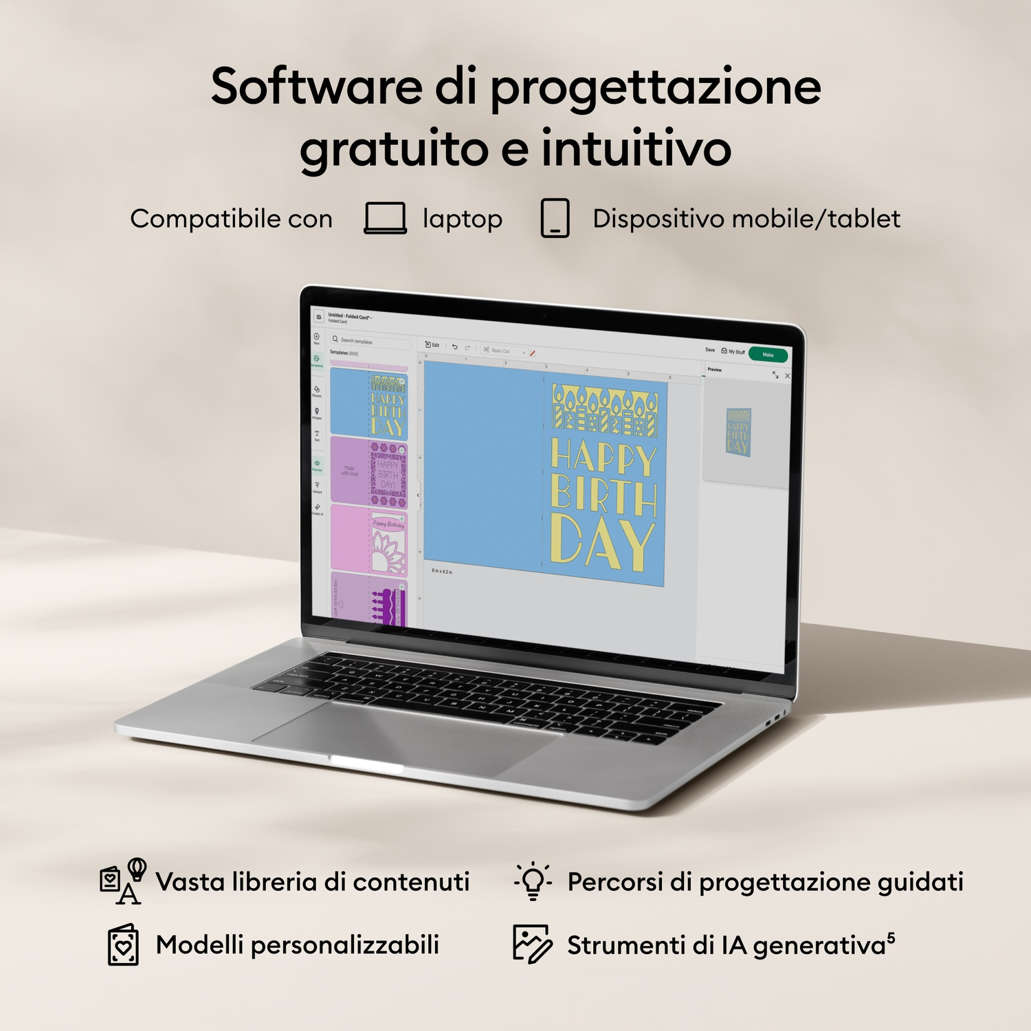 Un laptop mostra software di progettazione con modello "Buon Compleanno". Compatibile con laptop e dispositivi mobili.