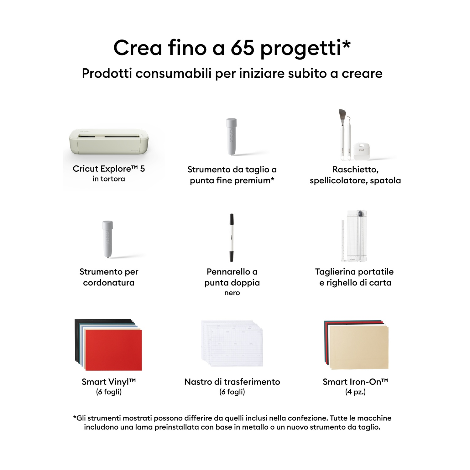 Cricut Explore 5, strumenti, Smart Vinyl, nastro di trasferimento, Smart Iron-On.