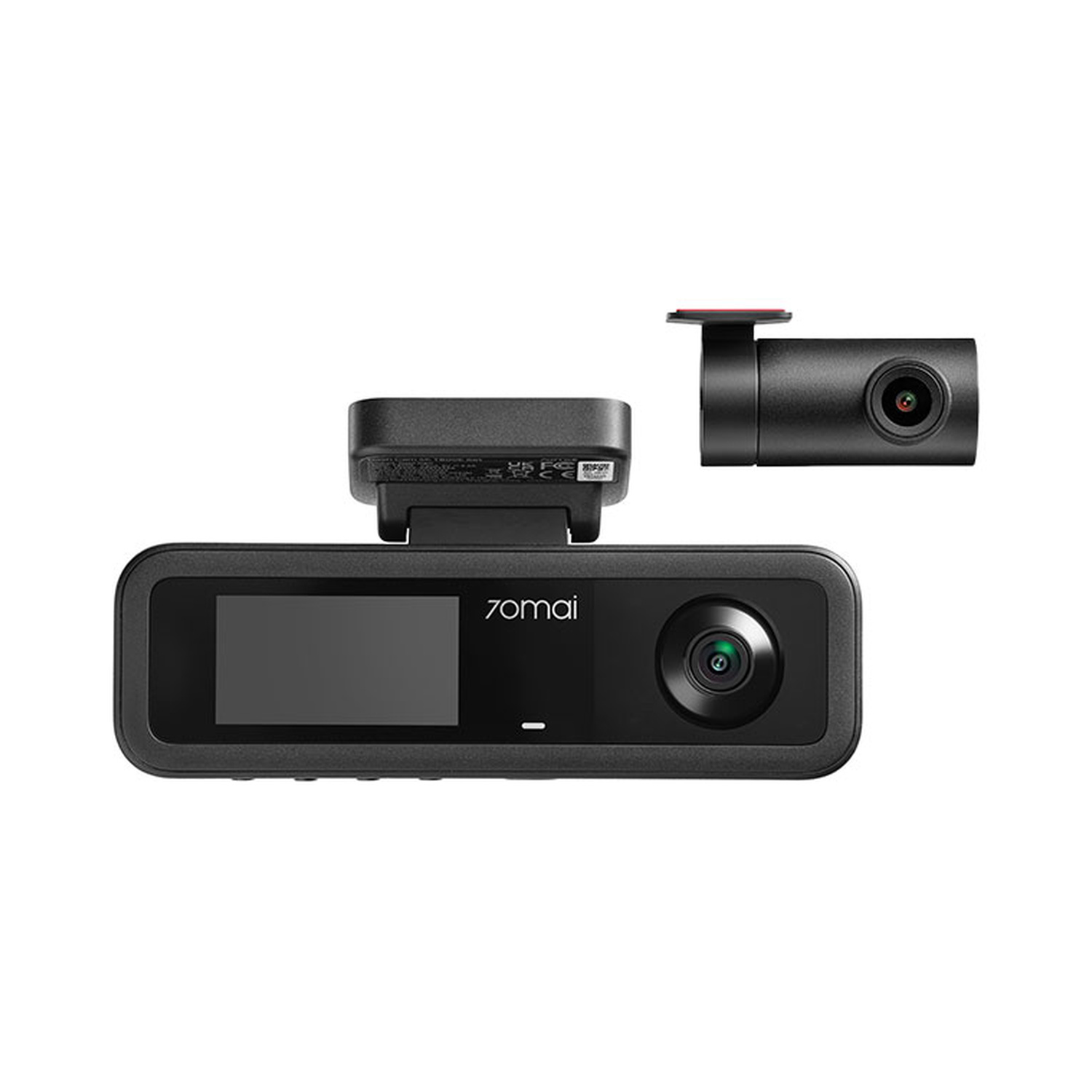 Due dashcam nere su sfondo bianco. Una ha uno schermo e una lente.