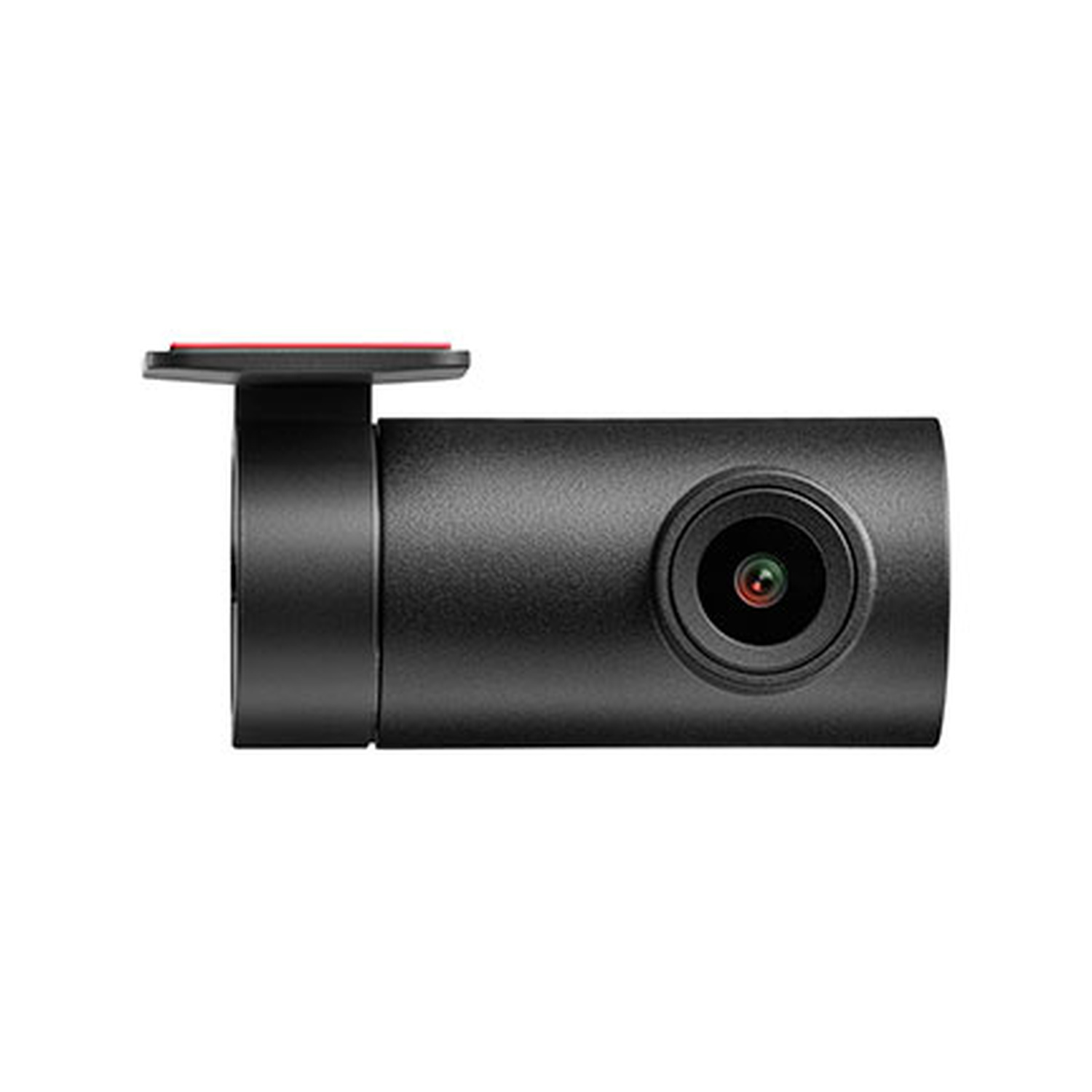 Una telecamera per auto nera con obiettivo e supporto su sfondo bianco.