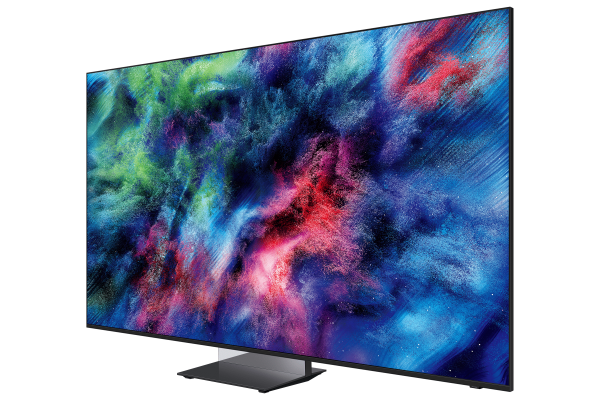 Kozmik arka plan görüntüsü gösteren modern bir televizyon. Şık gri bir stant üzerinde duruyor.