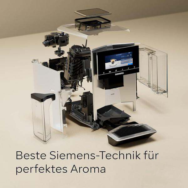 Explodiertes Bild einer Kaffeemaschine mit Bildschirm, Wassertank und Innenkomponenten.