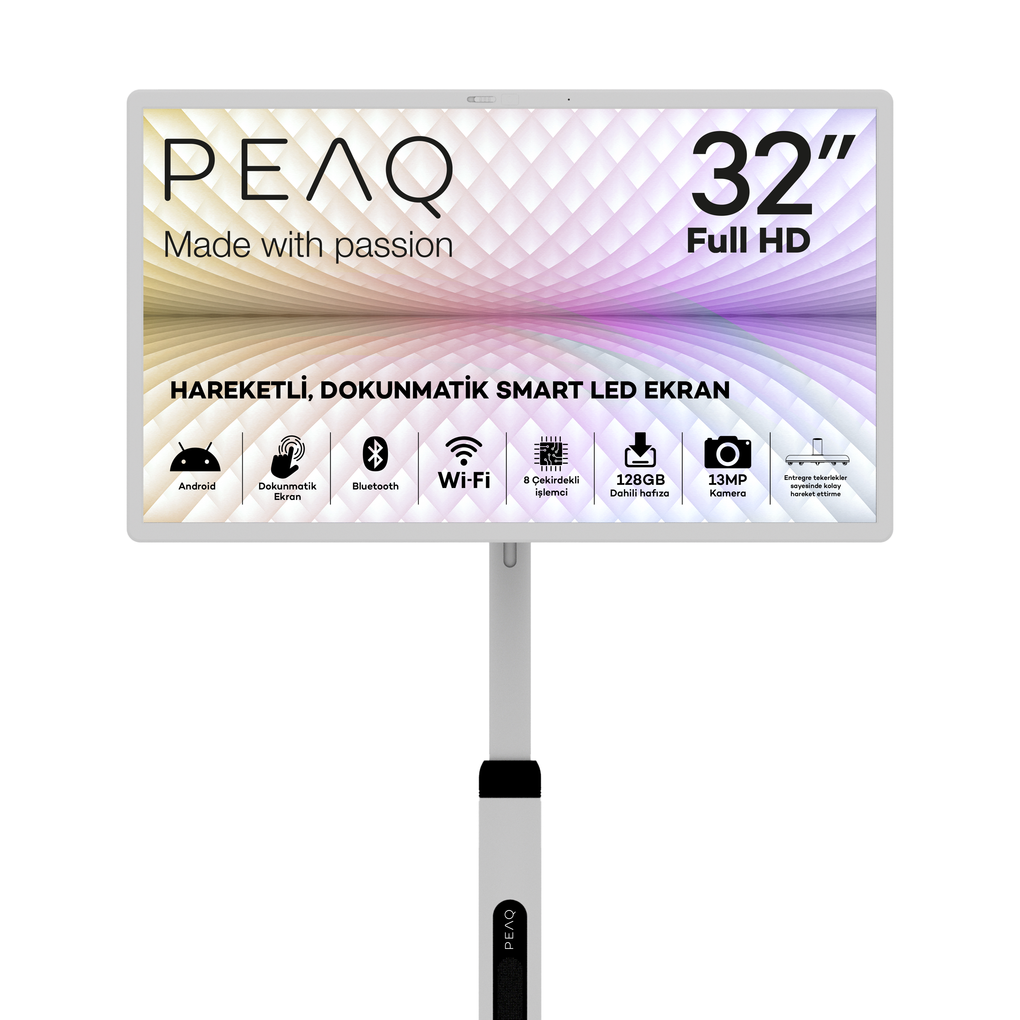 Android, dokunmatik ekran, Wi-Fi, 128GB depolama ve kameraya sahip 32 inç Full HD PEAQ akıllı LED ekran.