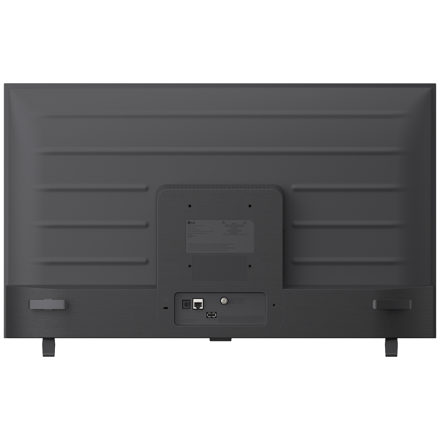 Achterkant van een zwarte televisie met zichtbare poorten zoals HDMI en USB.